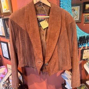 Western Brown Suede Fringe Blazer with Antique Navajo Button Silver Turquoise